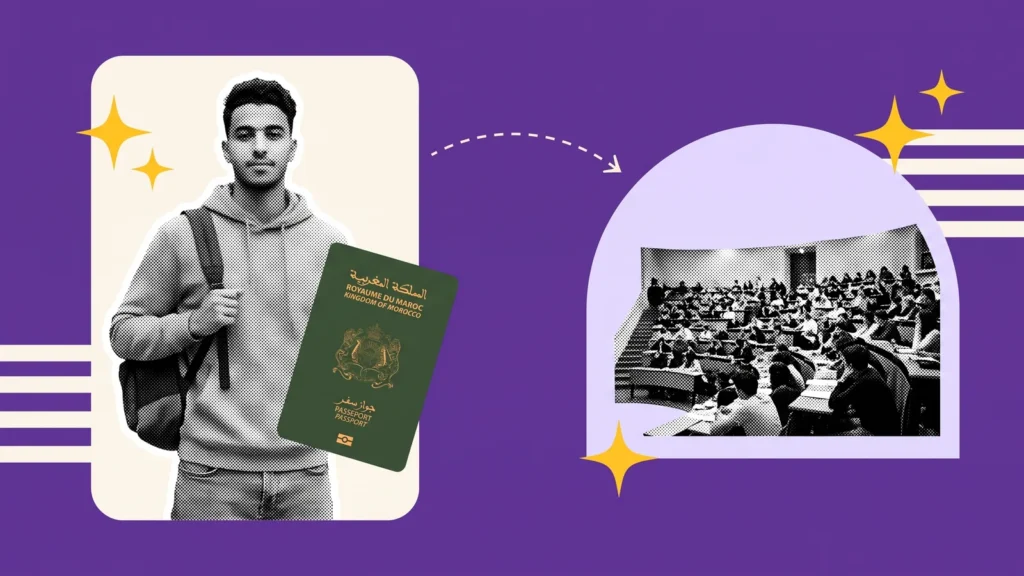 Étudiant avec sac à dos et passeport marocain, puis un amphithéâtre, pour les études universitaires en France