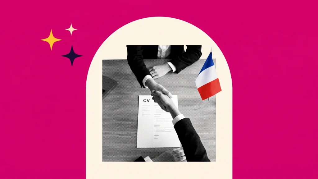 Poignée de main au-dessus d'un CV, avec un drapeau français, pour trouver un emploi en France