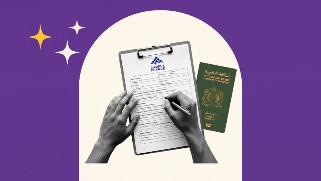 Mains remplissant un formulaire Campus France sur un porte-bloc, avec un passeport marocain, pour l'inscription