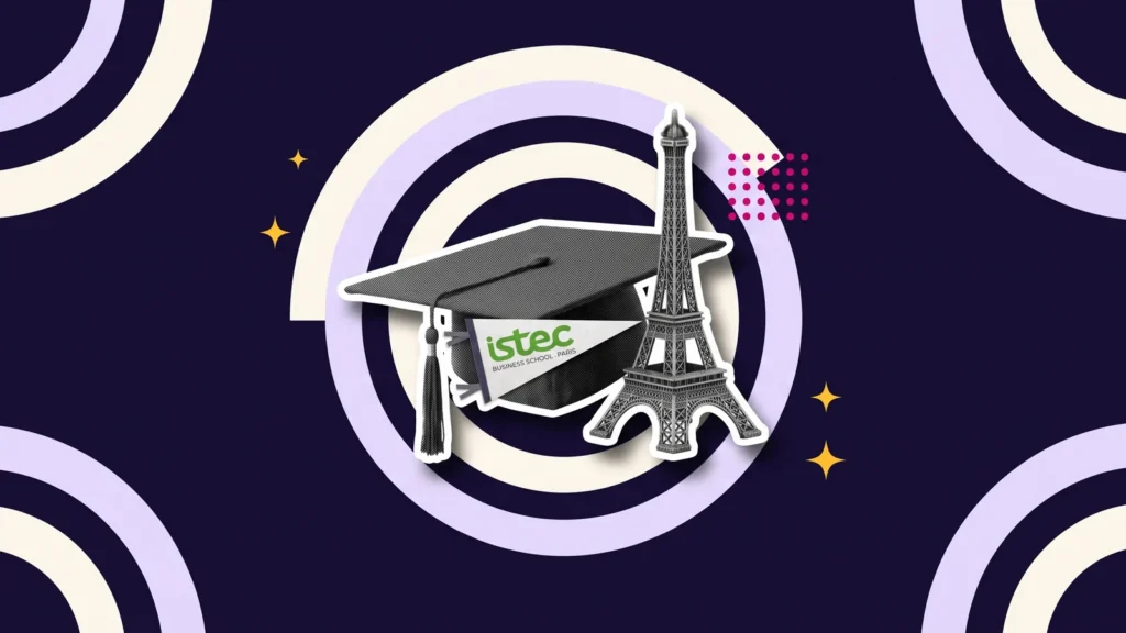 Toque de diplômé avec un fanion ISTEC et une tour Eiffel miniature, pour étudier à l'ISTEC Paris