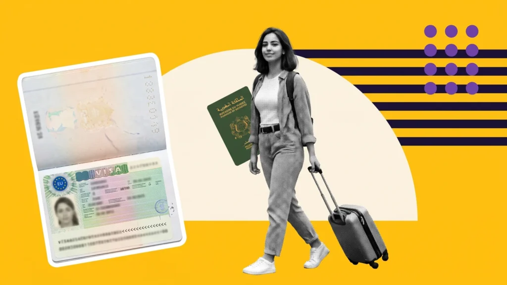 Étudiante avec valise et passeport marocain, à côté d'un passeport ouvert sur un visa français, pour le visa étudiant