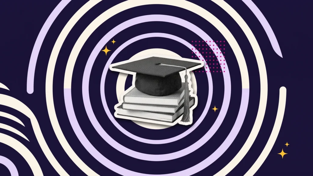 Toque de diplômé posée sur une pile de livres, pour faire un master en France