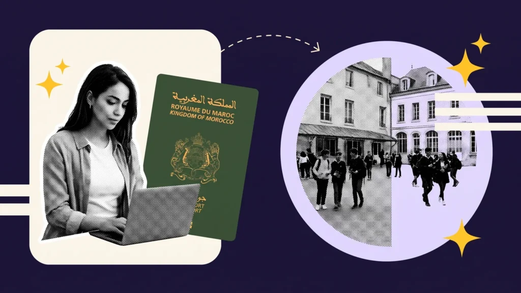 Étudiante sur son ordinateur avec passeport marocain, puis une cour d'école privée, pour les écoles reconnues par Campus France