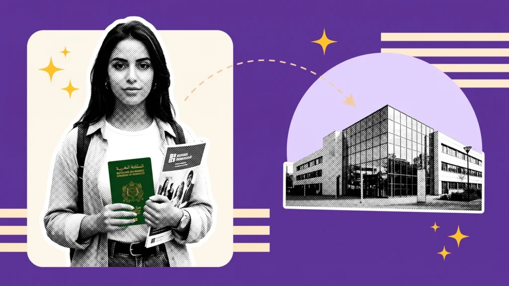 Étudiante avec passeport marocain et brochure, puis un bâtiment moderne d'école de commerce