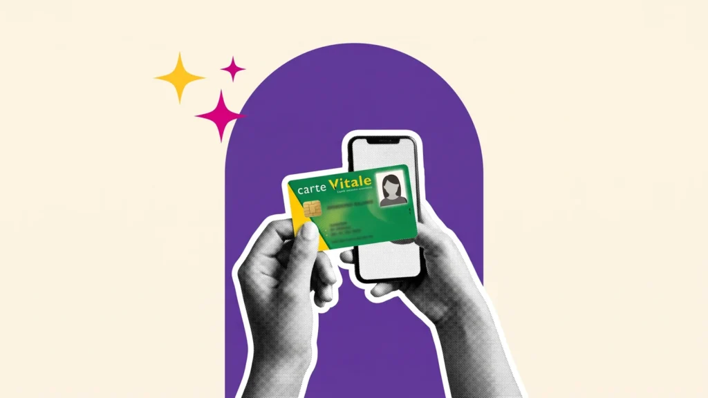 Mains tenant une carte Vitale et un téléphone, pour l'inscription à l'Assurance Maladie sur Ameli