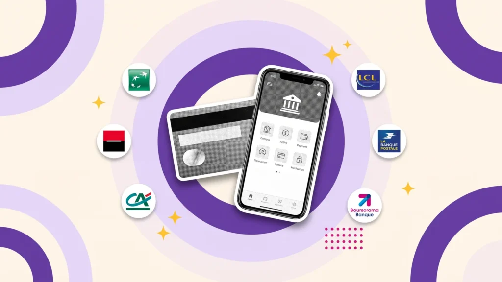 Carte bancaire et application bancaire entourées de logos de banques françaises, pour ouvrir un compte étudiant