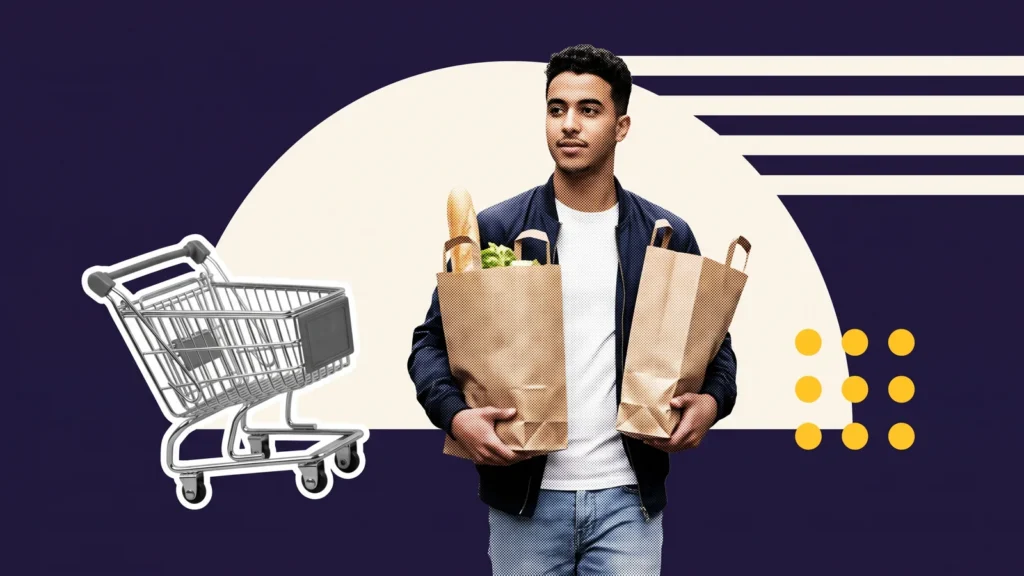 Étudiant portant des sacs de courses, à côté d'un caddie, pour le coût de la vie étudiante en France