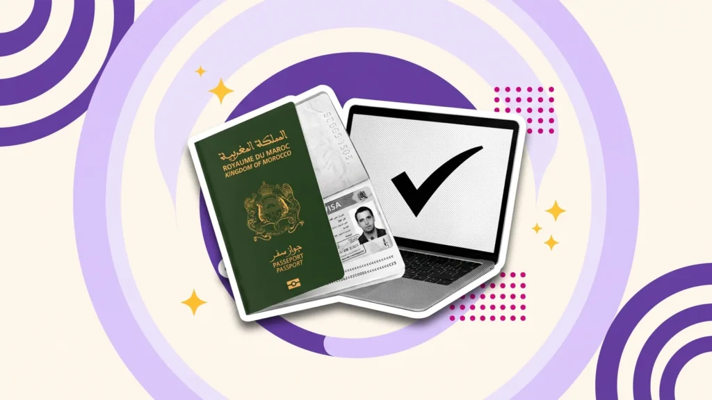 Passeport marocain ouvert sur le visa, à côté d'un ordinateur avec une coche, pour valider son visa sur l'ANEF