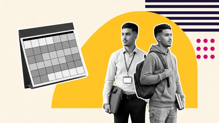 Le même jeune homme en tenue de travail et en tenue d'étudiant, à côté d'un calendrier, pour l'alternance en France