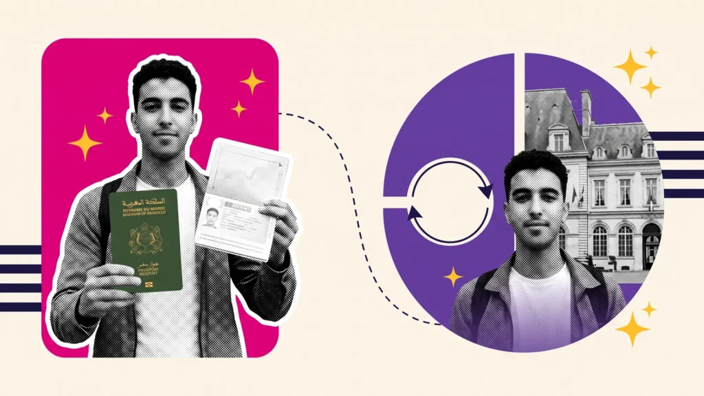 Étudiant avec passeport marocain et visa, puis devant un bâtiment administratif avec une flèche circulaire, pour le renouvellement du visa