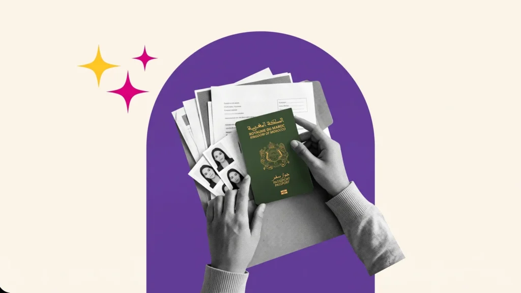 Mains rangeant des documents, photos d'identité et passeport marocain dans un dossier, pour les pièces à fournir