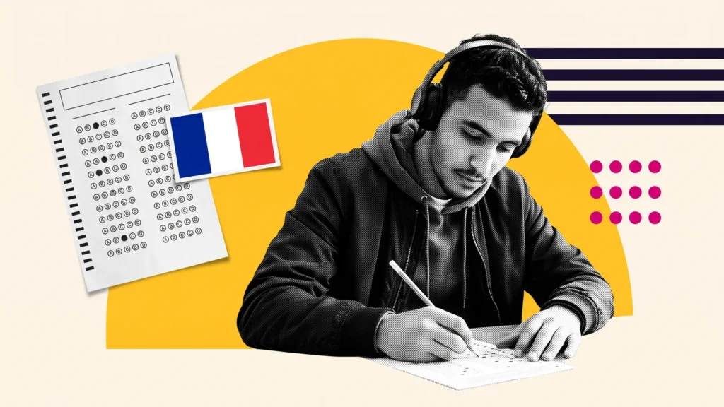 Étudiant avec casque passant un test écrit, à côté d'une grille de réponses et du drapeau français, pour le TCF, le DELF et le DALF