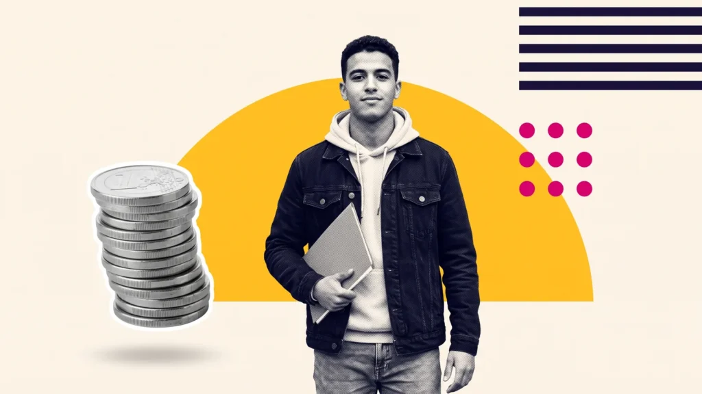 Étudiant avec dossier, à côté d'une pile de pièces de monnaie, pour la garantie financière du visa étudiant