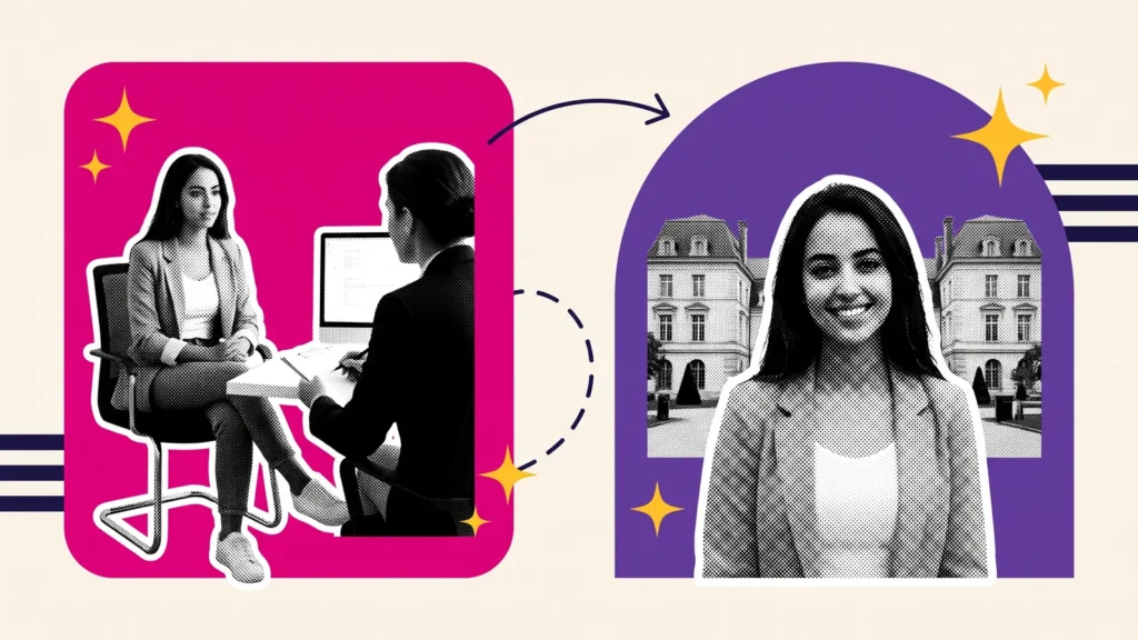 Étudiante en entretien face à un recruteur, puis souriante devant une université française, pour réussir l'entretien Campus France
