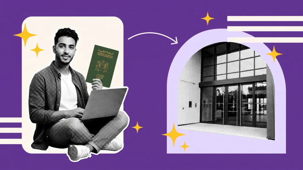 Étudiant avec ordinateur et passeport marocain, puis l'entrée vitrée d'une école privée, pour candidater sans Campus France