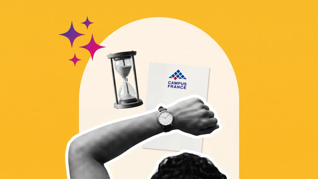Personne regardant sa montre à côté d'un sablier et d'un document Campus France, pour les délais de réponse