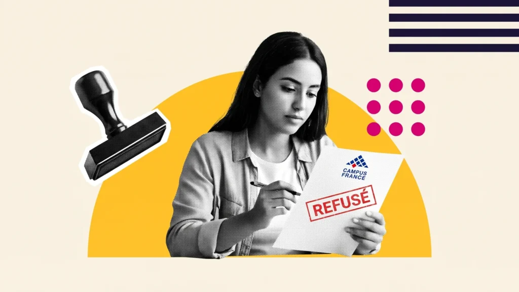 Étudiante relisant un document Campus France marqué « refusé », à côté d'un tampon, pour les motifs de refus