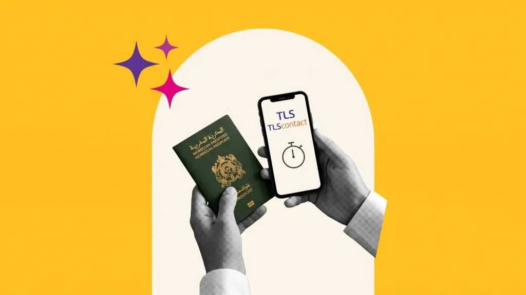 Mains tenant un passeport marocain et un téléphone avec TLScontact et un chronomètre, pour le rendez-vous visa