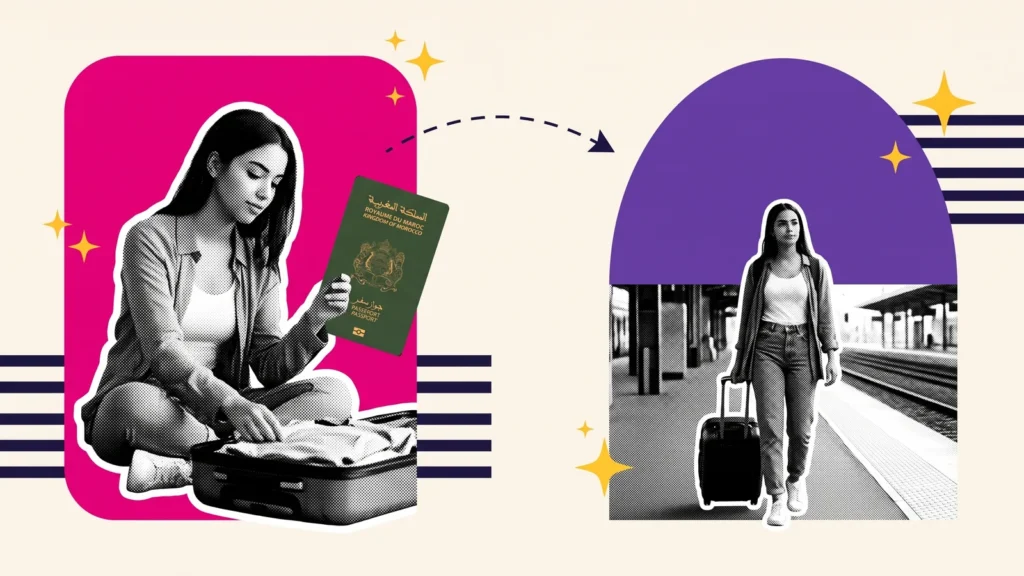 Étudiante préparant sa valise avec son passeport marocain, puis arrivant sur un quai de gare en France