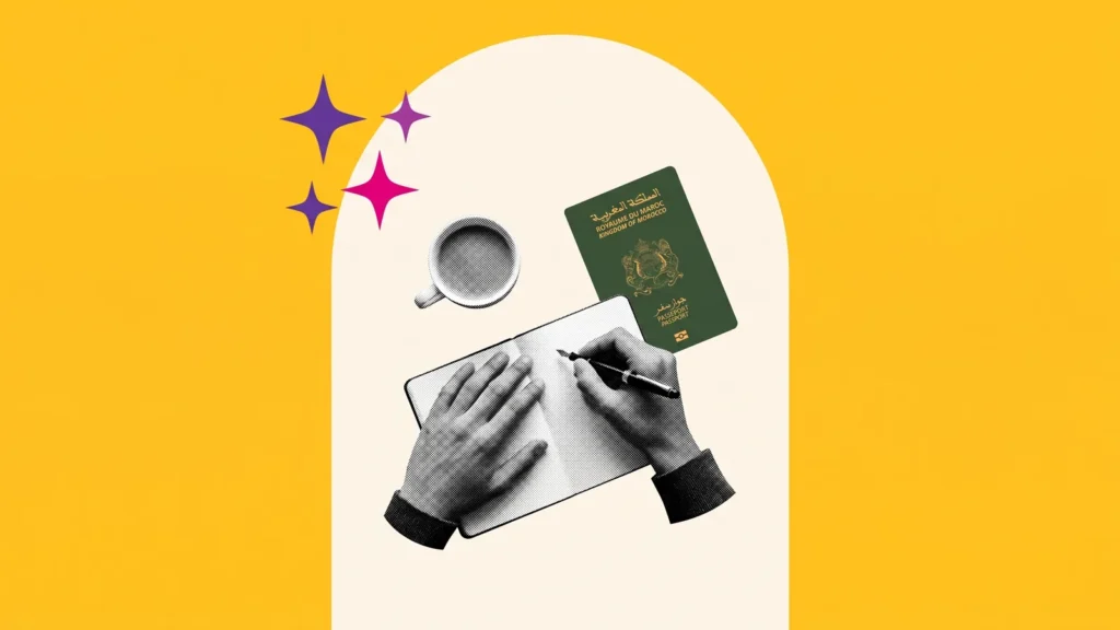 Mains écrivant dans un carnet, avec un café et un passeport marocain, pour rédiger son projet d'études