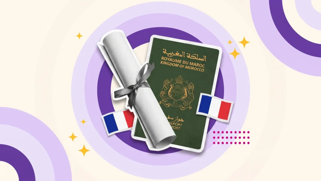 Diplôme roulé et passeport marocain entre deux drapeaux français, pour un dossier Études en France après un bac mission
