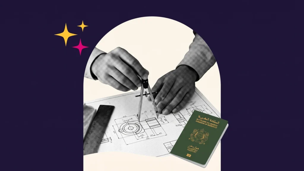 Mains tenant un compas sur un plan technique, avec un passeport marocain, pour étudier en France après une école d'ingénieurs