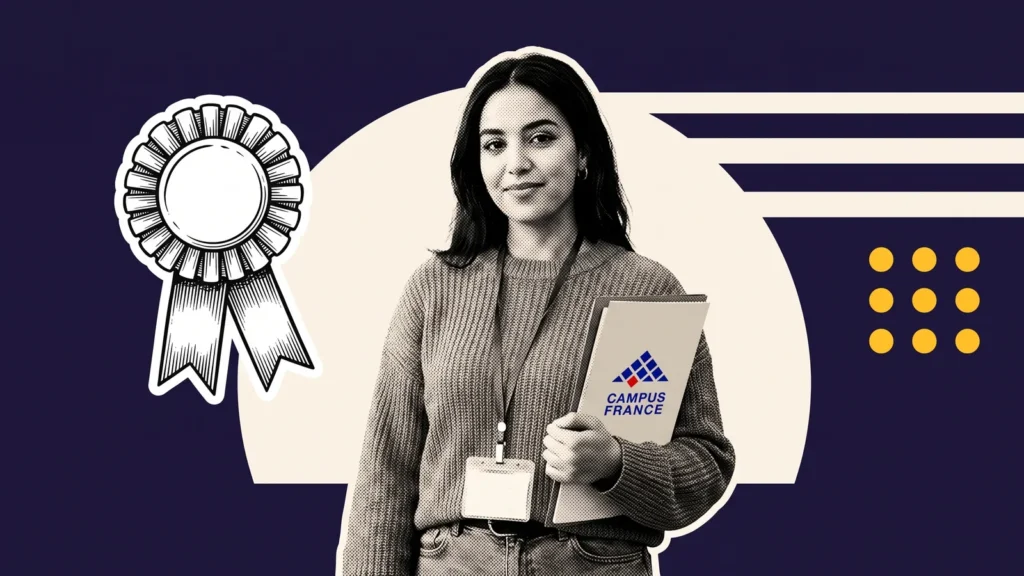 Étudiante avec badge professionnel et dossier Campus France, à côté d'une cocarde, pour valoriser ses stages