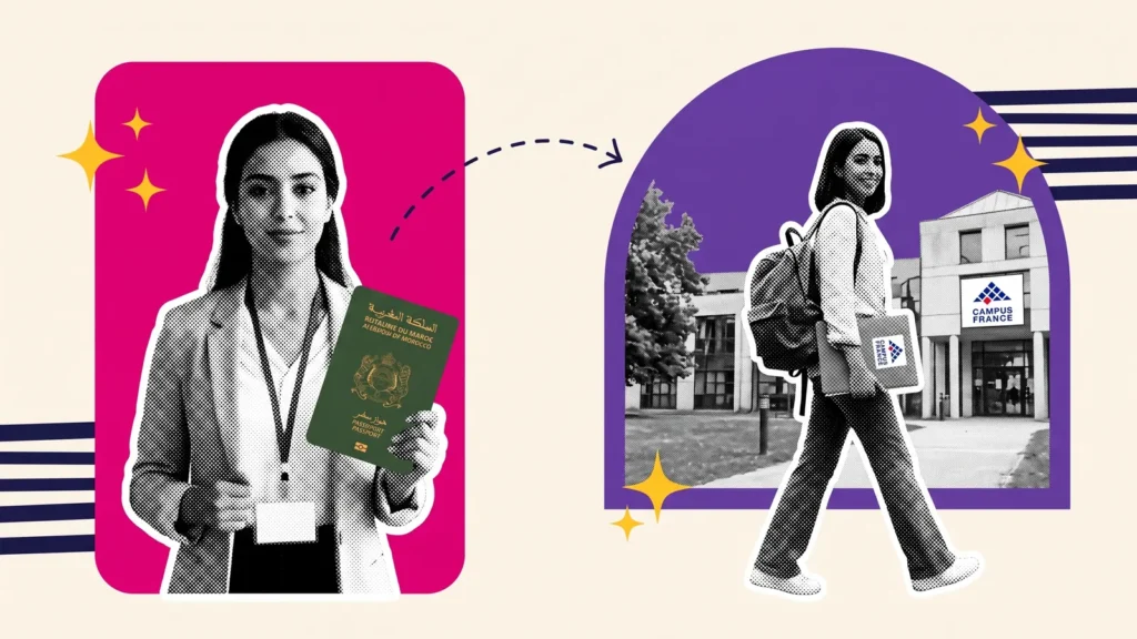 Jeune professionnelle avec badge et passeport marocain, puis étudiante devant Campus France, pour une reconversion