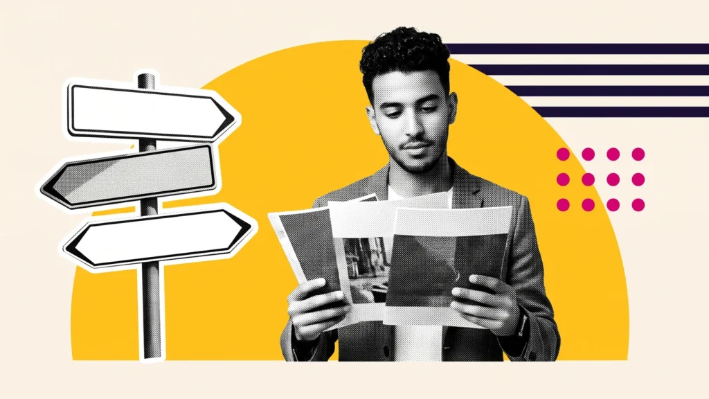 Étudiant comparant des brochures d'écoles, à côté d'un panneau à plusieurs directions, pour choisir une école de commerce
