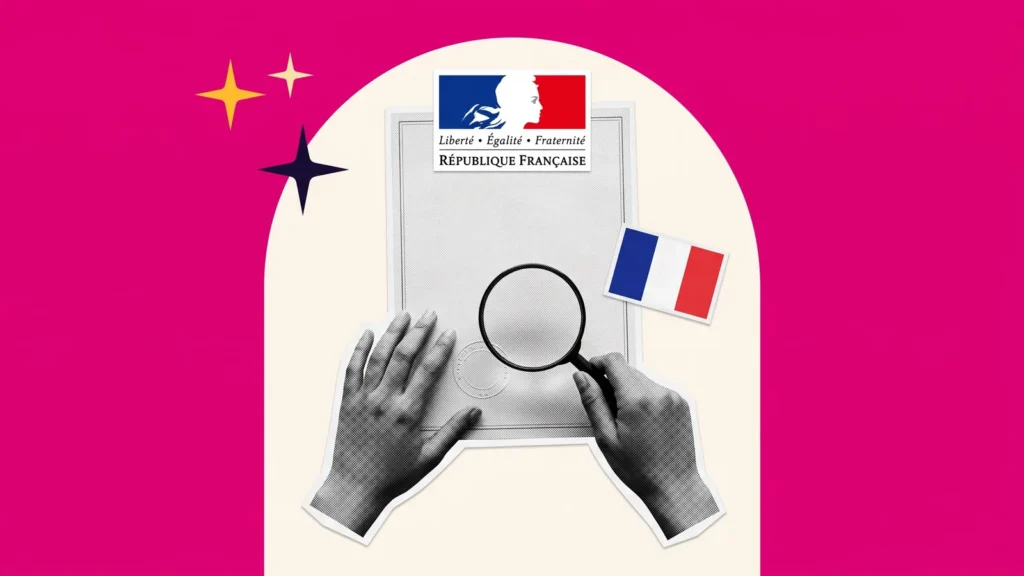 Loupe sur un certificat de la République française, avec le drapeau français, pour vérifier une école reconnue par l'État