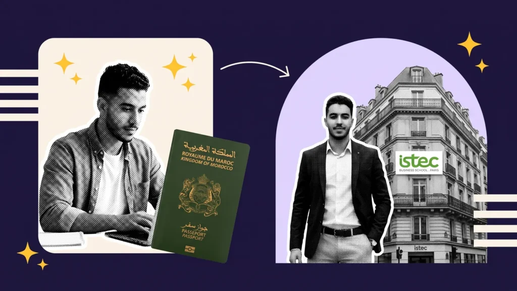 Étudiant sur son ordinateur avec passeport marocain, puis devant l'ISTEC à Paris, pour le MBA systèmes d'information
