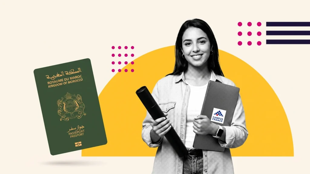 Étudiante souriante avec diplôme et ordinateur portant le logo Campus France, à côté d'un passeport marocain, pour candidater en master