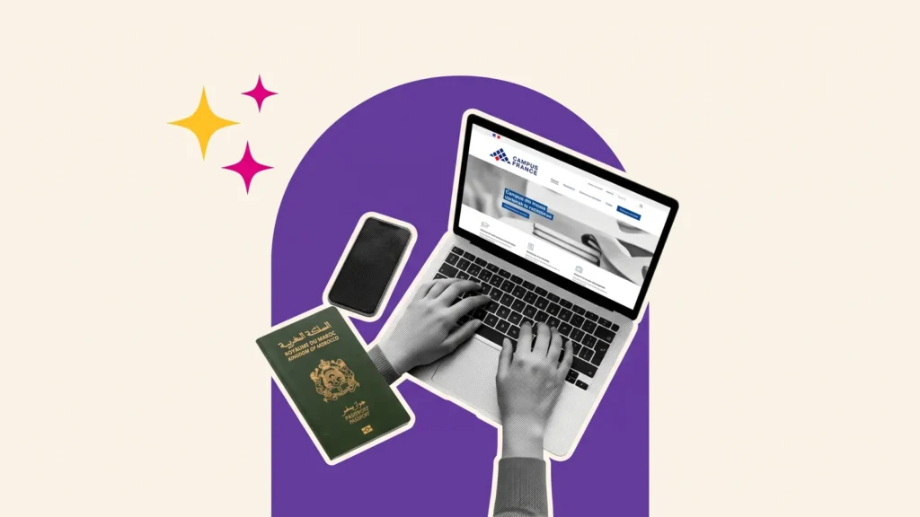 Mains sur un ordinateur affichant le site Campus France, avec téléphone et passeport marocain, pour créer son compte