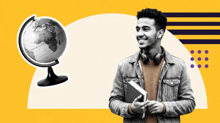 Étudiant avec casque et livre, à côté d'un globe terrestre, pour étudier en France en anglais