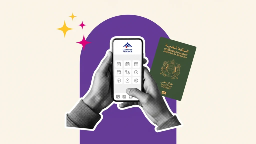 Mains tenant un téléphone avec l'application Campus France et un passeport marocain, pour réserver son rendez-vous