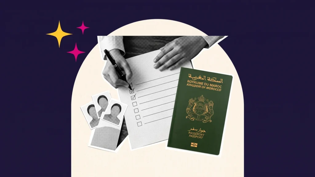 Mains cochant une liste, avec photos d'identité et passeport marocain, pour la checklist du dossier Campus France