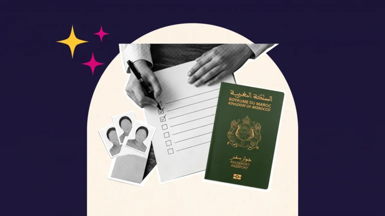 Mains cochant une liste, avec photos d'identité et passeport marocain, pour la checklist du dossier Campus France