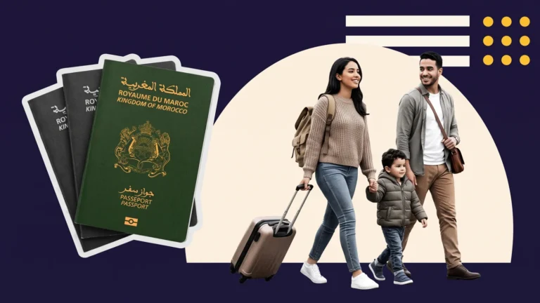 Famille marocaine avec enfant et valise, à côté de passeports marocains, pour étudier en France en famille
