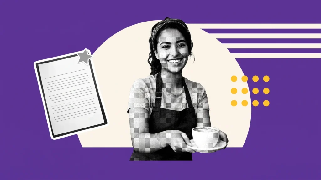 Étudiante barista souriante servant un café, à côté d'un CV étoilé, pour un job étudiant qui renforce le CV