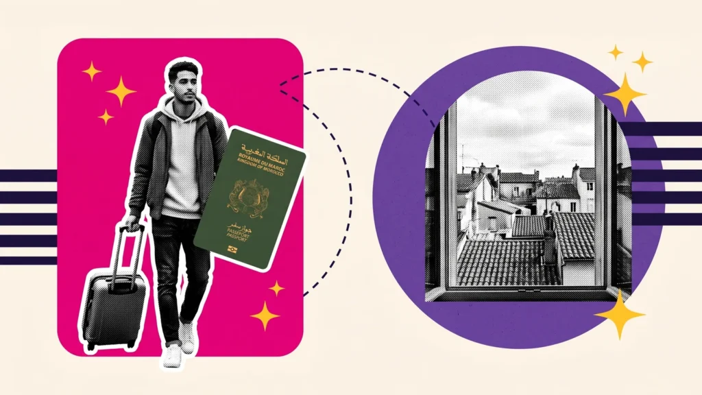 Étudiant avec valise et passeport marocain, puis une fenêtre sur les toits d'une ville française, pour un logement pas cher