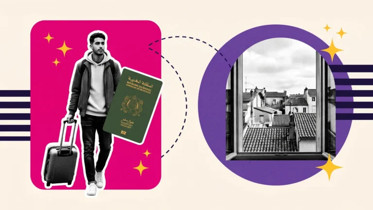 Étudiant avec valise et passeport marocain, puis une fenêtre sur les toits d'une ville française, pour un logement pas cher