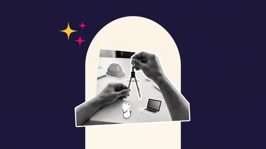 Mains tenant un compas au-dessus d'un casque de chantier, d'un stéthoscope et d'un ordinateur, pour choisir un métier qui recrute