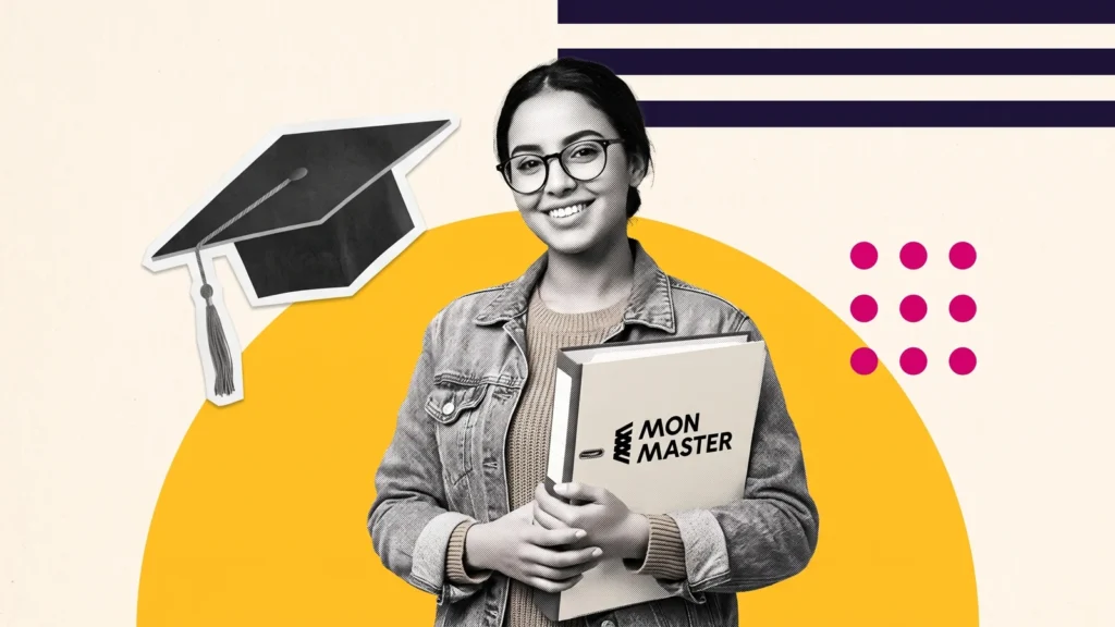 Étudiante tenant un classeur Mon Master, à côté d'une toque de diplômé, pour candidater en master