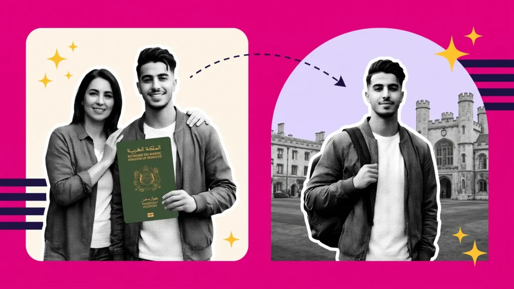 Parent et étudiant avec un passeport marocain, puis l'étudiant devant une université, pour le garant du visa
