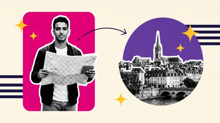 Étudiant consultant une carte, et une ville française avec cathédrale et pont, pour choisir sa ville étudiante