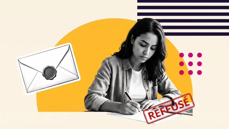 Étudiante rédigeant un recours, avec une enveloppe scellée et un tampon « refusé », après un refus de visa