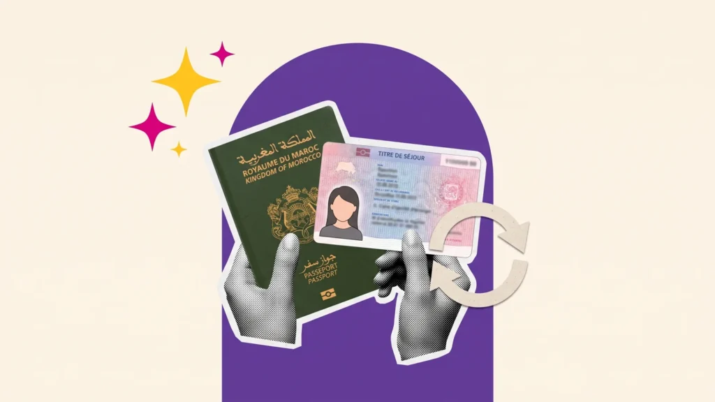 Mains tenant un passeport marocain et un titre de séjour, avec une flèche circulaire pour le renouvellement
