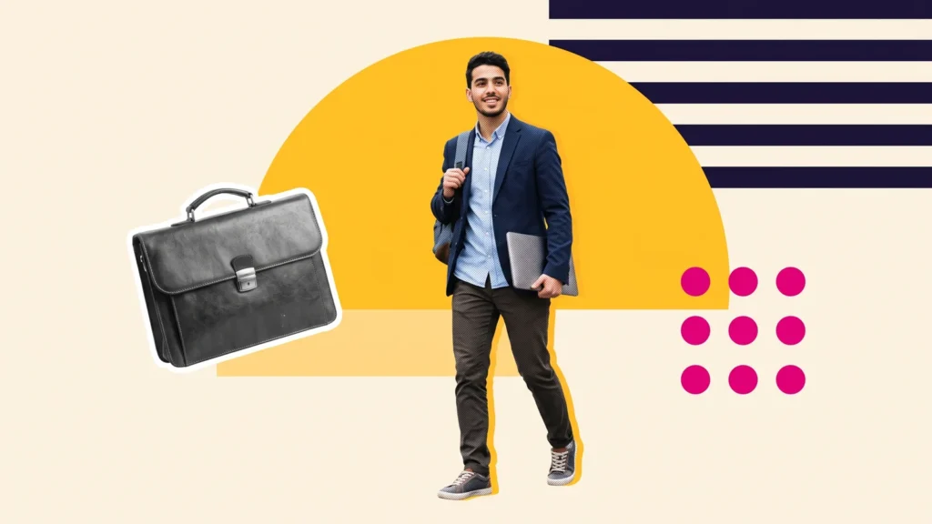 Étudiant en tenue professionnelle avec ordinateur, à côté d'une mallette, à la recherche d'un stage en France