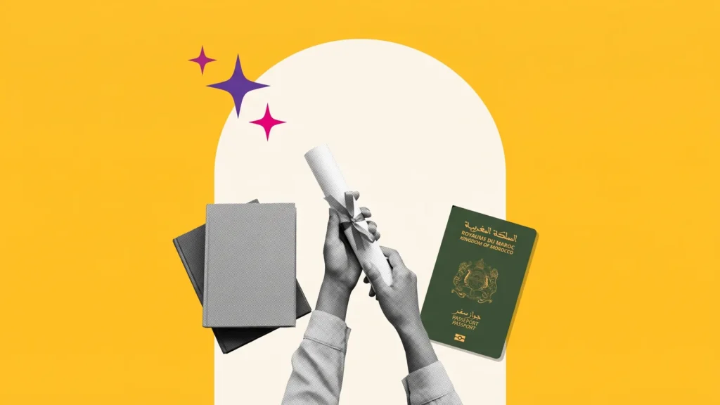 Mains tenant un diplôme roulé près de livres et d'un passeport marocain, pour étudier en France après un bac+2