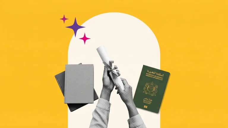 Mains tenant un diplôme roulé près de livres et d'un passeport marocain, pour étudier en France après un bac+2